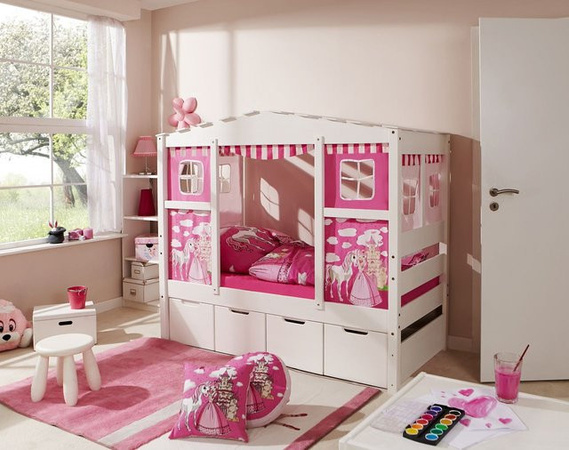 TICAA Hausbett MINI Prinzessin aus Kiefernholz in Rosa mit Zusatzbett und 2 Matratzen, B/T/H: 160 x 80 x 90 cm