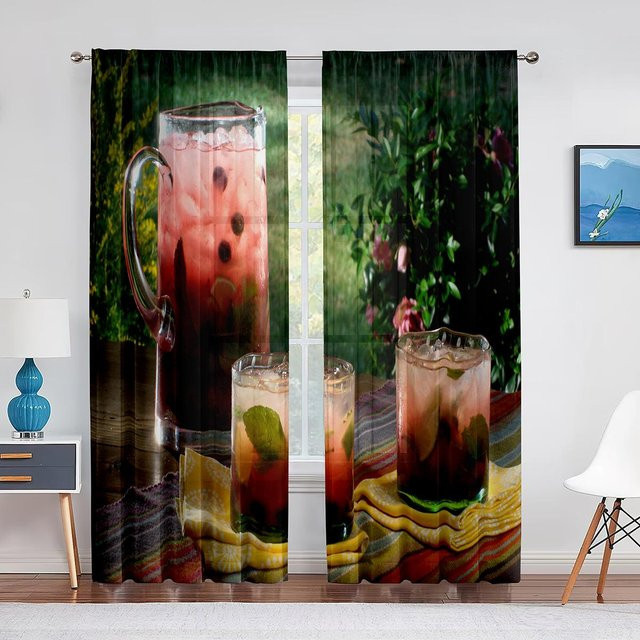 Transparentes Voile Vorhang mit Cocktails und Himbeer-Motiv, Chiffon-Dekorationsvorhang für Wohnzimmer, Flur oder Küche, Breite: 100 cm, Höhe: 250 cm - Bild 1