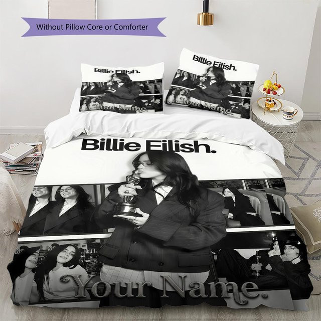 Bettwäsche-Set Billie Eilish von UI LOOL in Weiß, bestehend aus 1 Bettbezug und 2 Kissenbezügen, B/T: 200 x 200 cm - Bild 1