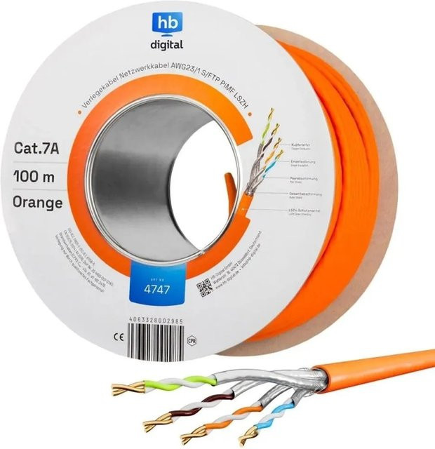 hb-digital Netzwerkkabel CAT 7a Verlegekabel S/FTP AWG23 LSZH Orange, 100 m - Bild 1