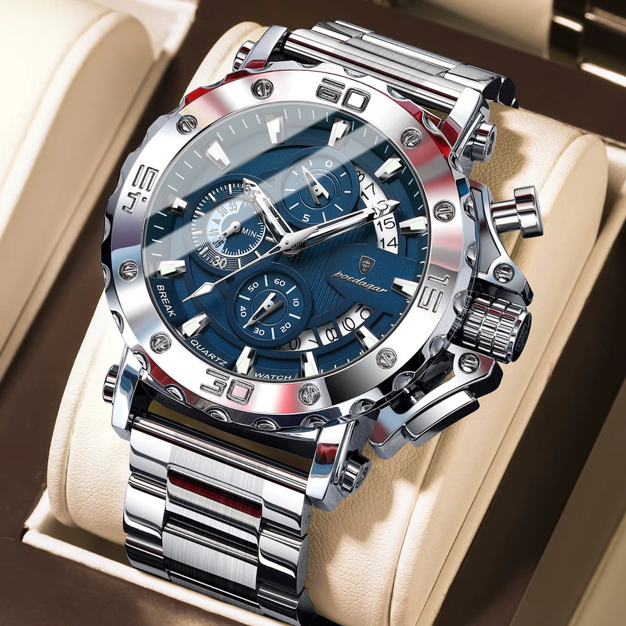 POEDAGAR Chronograph Armbanduhr, Edelstahl, Quarz, Blau, Herren - Bild 2