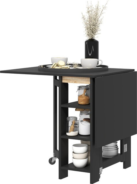 HOMCOM Klappbarer Esstisch mit 2 Klappen und 3 Regalen auf Rollen, moderner Küchentisch in Schwarz, B/T/H: 120 x 60 x 75 cm - Bild 1