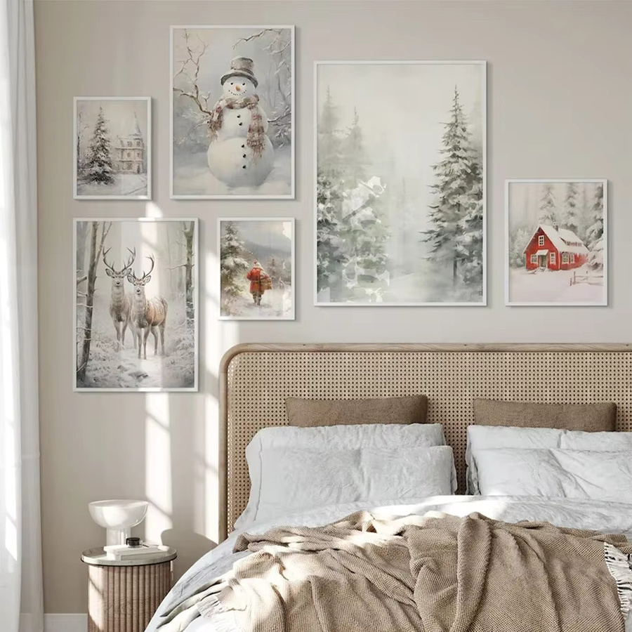 Potdemiel Weihnachtsposter Minimalistische Wandkunst als Leinwandmalerei mit Schneemann, Hütte, Hirsch und Weihnachtsmann in Mehrfarbig - Bild 1
