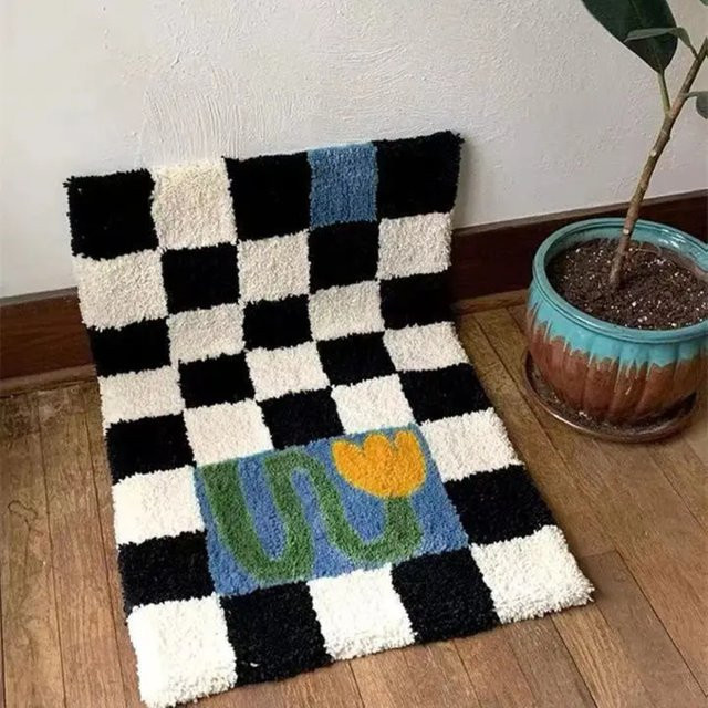 VIKAMA Vintage-Fußmatte mit Schachbrettmuster und Tulpenmotiv, rutschfest, Mehrfarbig, B: 60 cm, T: 40 cm - Bild 1