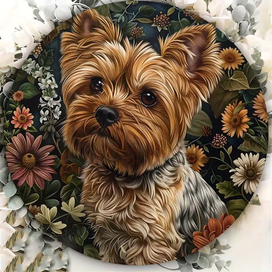 Rundes Metall-Wandkunstschild von Potdemiel mit Yorkshire-Terrier und Blumenmuster im rustikalen Design - Bild 4