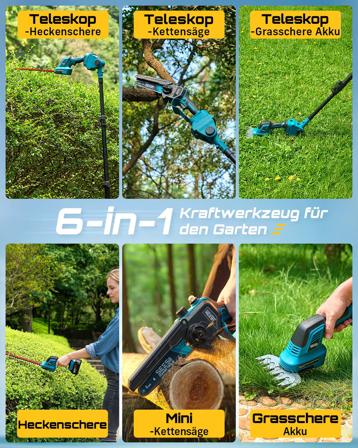 Seesii 6-in-1 Gartenwerkzeug-Set mit Teleskopstange, elektrischer Heckenschneider und Strauchschere, kompatibel mit Makita 18V Akku - Bild 2