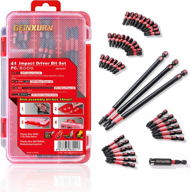 Geinxurn 41-teiliges Schlagschrauber-Bit-Set aus S2-Stahl mit Aufbewahrungsbox und magnetischen Bits für PH, TORX, SQ und PZ - Bild 1