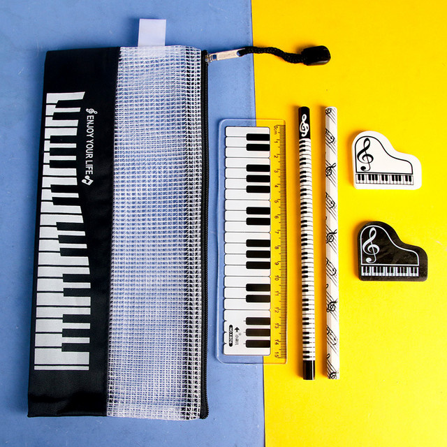 6-teiliges Schulset mit Musikthema und Klavier-Design, buntes Schreibwaren-Set für Schüler bestehend aus Lineal, Bleistift, Radiergummi und Bleistiftbeutel - Bild 1