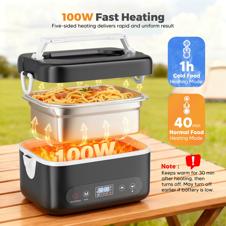 Jugacool Elektrische Lunchbox Schwarz, 1,2 l Wiederaufladbarer Tragbarer Heizbehälter und Dampfgarer für unterwegs - Bild 2