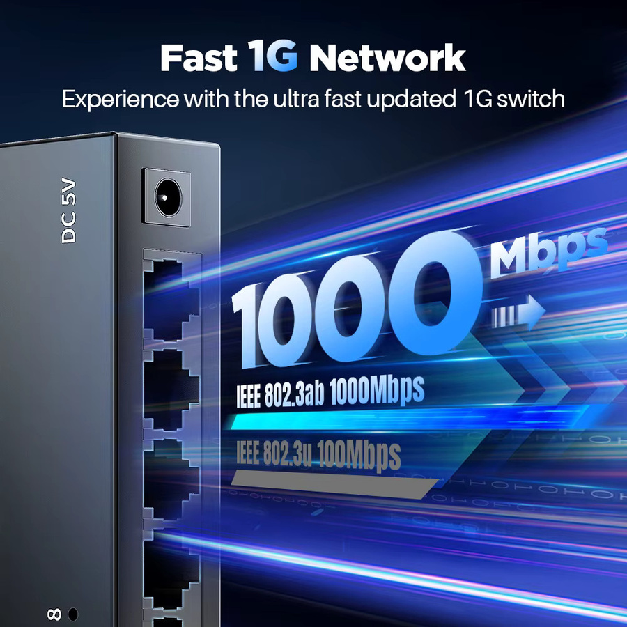 AMPCOM Gigabit Netzwerk-Switch mit 8 Ports, 1000Mbps Ethernet Smart-Switcher, RJ45 Hub in Schwarz - Bild 2