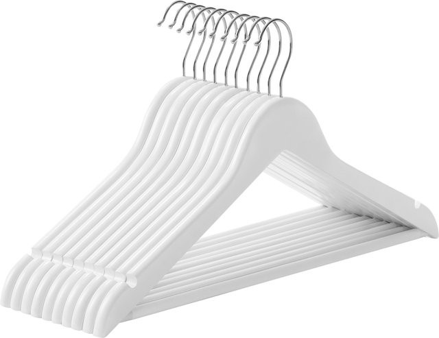 10er Set SONGMICS Kleiderbügel aus Massivholz mit Einkerbungen und rutschfestem Design, weiß-silbern - Bild 1
