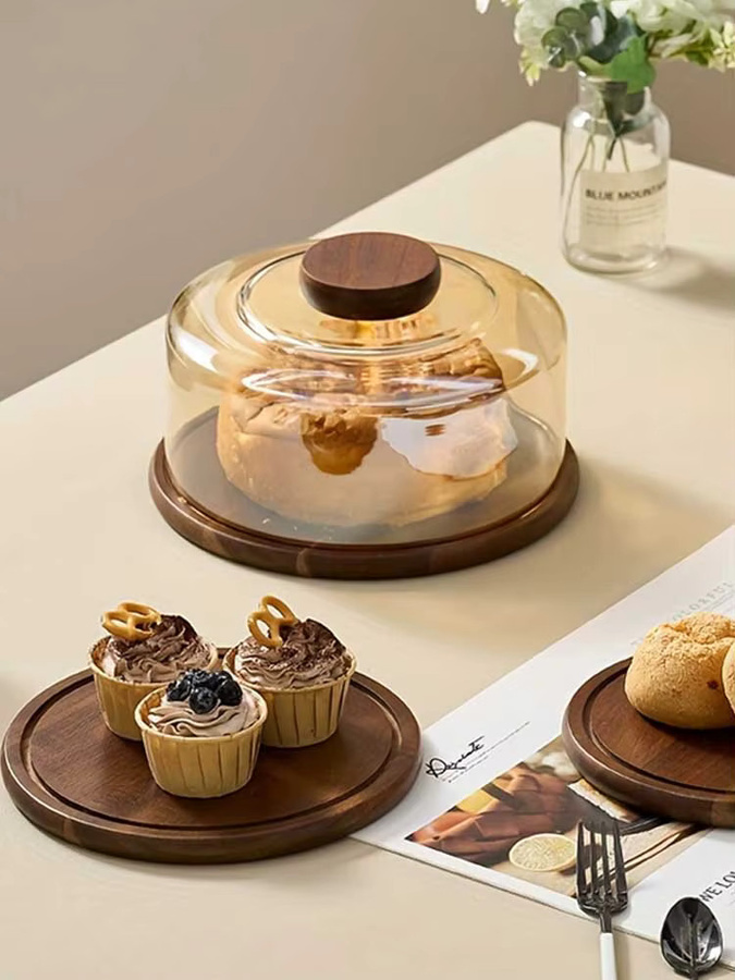 KEMORELA runder Kuchenständer aus Holz mit Glaskuppeldeckel als Serviertablett für Gebäck und Desserts - Bild 5
