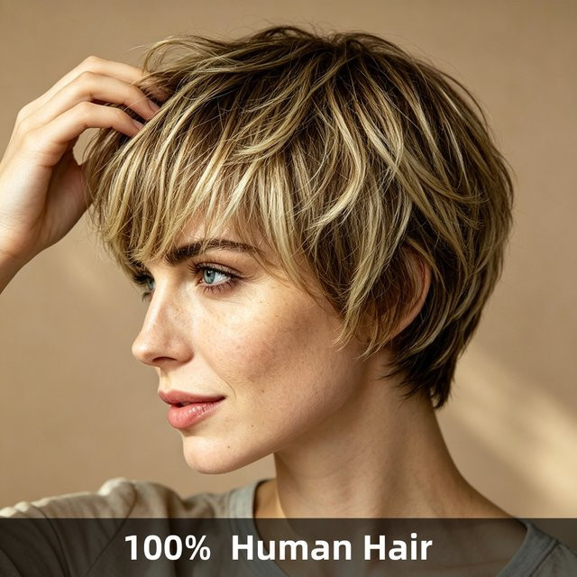 OYM HAIR Damen Kurzhaar Echthaarperücke, Pixie Cut, 100 % Echthaar - Bild 1