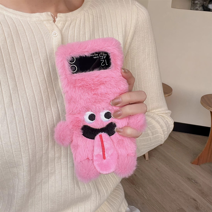 Stoßfeste Samsung Galaxy Z Flip 5 4 3 Handyhülle mit Cartoon Zungen-Design und Pelz-Rückseite in Pink - Bild 2