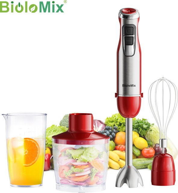 BioloMix 4-in-1-Stabmixer in Rot mit 1200 W, Edelstahl-Tauchmixer mit Zerkleinerer und Smoothie-Becher - Bild 1