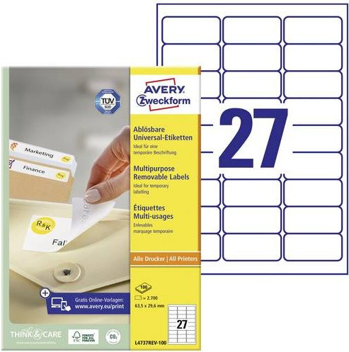 Avery Zweckform Universal-Etiketten Weiß, 100 Bögen, B: 63,5 mm, H: 29,6 mm - Bild 1