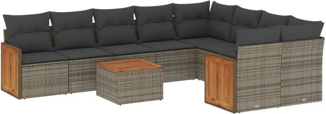 vidaXL 10-tlg. Garten-Sofagarnitur in L-Form aus grauem Poly-Rattan mit Kissen und Akazienholz - Bild 1
