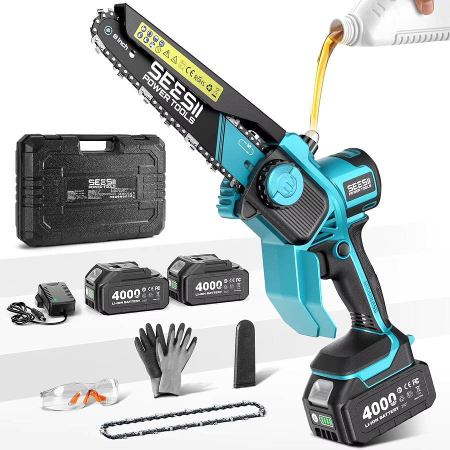 Seesii Akku-Kettensäge mit bürstenlosem Motor für Gartenpflege und Holzbearbeitung inklusive 2x 4000mAh Akkus und werkzeugloser Schmierung - Bild 2