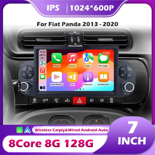 Android 16 Autoradio für Fiat Panda 2013-2020 mit kabellosem CarPlay, GPS-Navigation, Bluetooth und Multimedia-Videoplayer in Schwarz - Bild 1