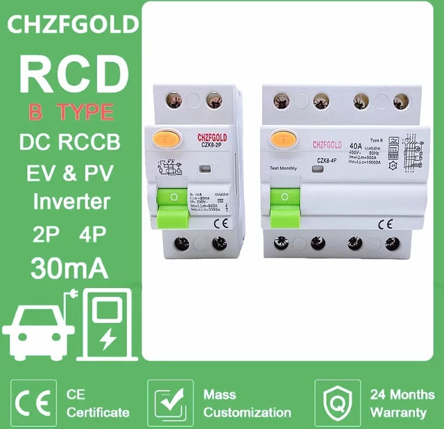 CHZFGOLD Fehlerstromschutzschalter Typ B für Elektrofahrzeug-Ladesäulen, 2P/4P, 63A, 30mA, 6KA, DIN-Schienen-Erdleckageschutz - Bild 1