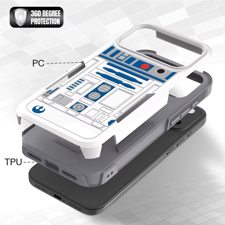 Schutzhülle für Apple iPhone 16E, iPhone 17 Air und iPhone 17 Pro Max mit R2D2-Roboter-Druck, doppelschichtige Stoßdämpfung aus hartem PC und Silikon, Farbe: Weiß - Bild 4