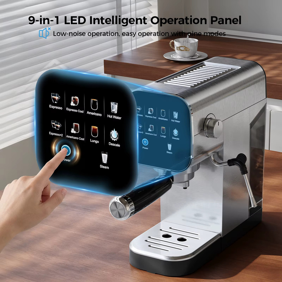 Patbrela Halbautomatische Espresso-Kaffeemaschine mit 20 Bar, Doppelwassersystem und Cold Brew Funktion, Silber/Edelstahl - Bild 3