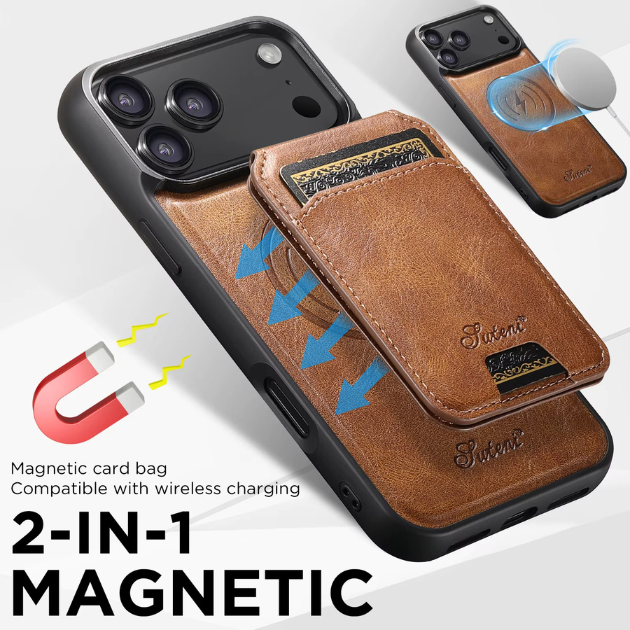 SUTENI Handyhülle aus Kunstleder mit kabellosem Laden, Magnet-Kartenhalter und Ständer für iPhone 17 Pro Max, 16 Plus, 15, 14, 13 in Schwarz und Braun - Bild 3
