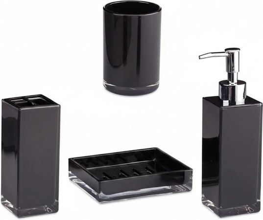Relaxdays Badaccessoires Set aus Kunststoff in Schwarz glänzend, vierteilig mit Seifenspender, Seifenschale, Zahnbürstenhalter und Zahnputzbecher