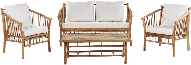 Beliani Lounge Set MAGGIORE aus Hartholz in Holzfarbton und Weiss mit Polsterung und Kissen, B/T/H: 148 x 67 x 82 cm - Bild 1