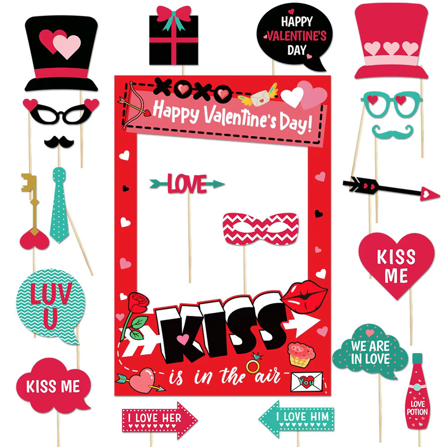 Photo Booth Requisiten Set für Valentinstag und Hochzeiten mit Herz-Motiven und Rahmen in Rot aus Papier - Bild 2