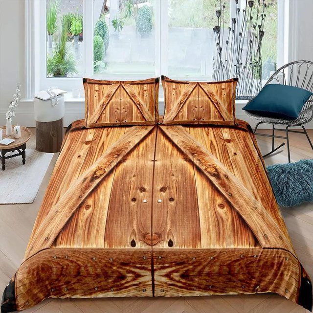 Bettwäscheset Your Warm Home Holz Scheunentor Design in Braun, 2-teilig aus Polyester, Bettbezug 173 x 218 cm und 2 Kissenbezüge 50 x 70 cm - Bild 1