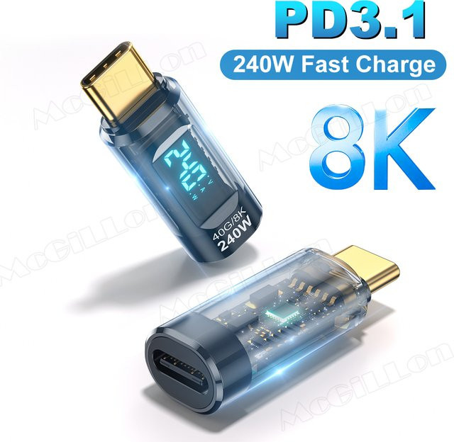 USB C 4.0 OTG-Adapter Typ C auf USB Typ C mit digitalem Display, PD 240W und 100W Datenübertragung, blau transparent - Bild 1