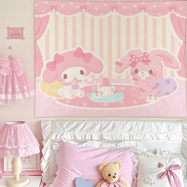 Sanrio Family Wandteppich Pink mit Herz-Motiv, Kawaii Anime Wanddekoration für Kinder, Breite: 60 cm, Höhe: 40 cm - Bild 1