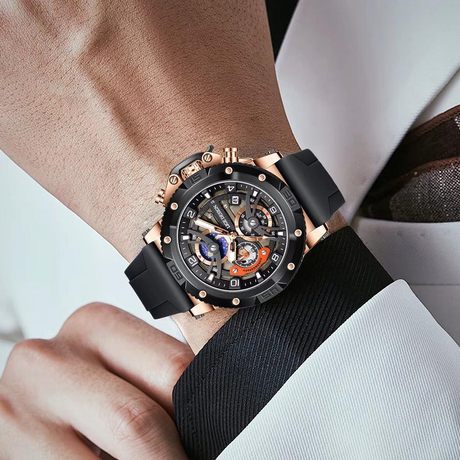 LIGE Armbanduhr Chronograph, Quarz, Silikon, Schwarz, Herren - Bild 5