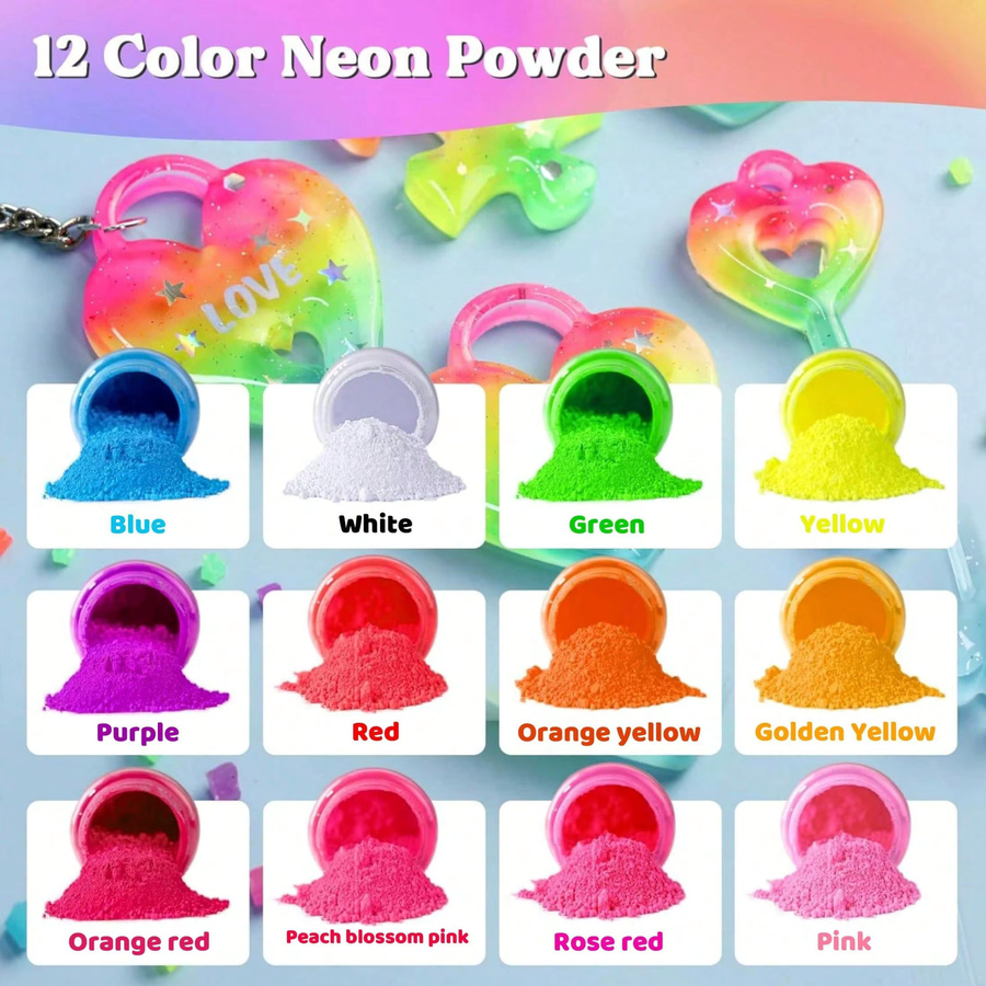 12 Farben Neonpulver Set – Fluoreszierendes Glimmerpulver für Epoxidharz, Seifenherstellung und DIY-Bastelarbeiten in Multicolor - Bild 2