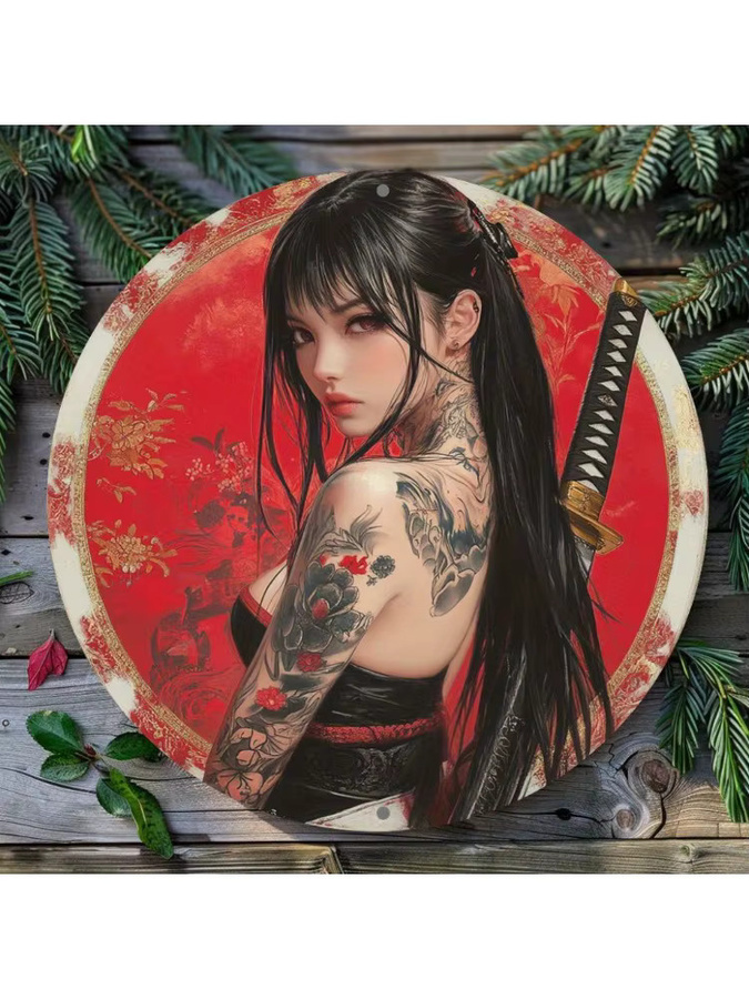 HELLOYOUNG Samurai Wandkunst Rundes Metallschild aus Aluminium in Rot, Durchmesser: 20,32 cm - Bild 4