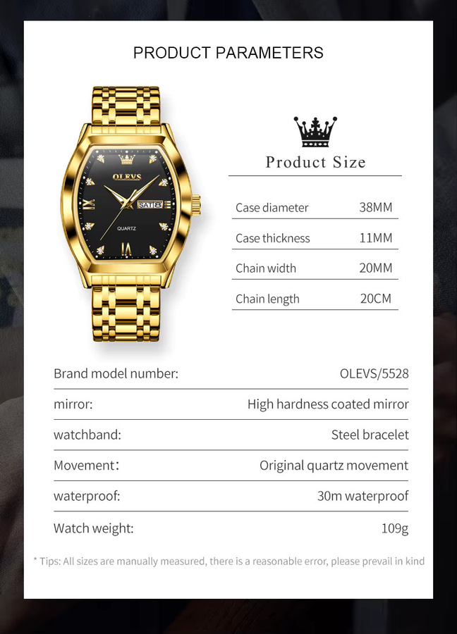 OLEVS Armbanduhr Quarz, Edelstahl, Gold, Diamant, Tonneau, Herren - Bild 6