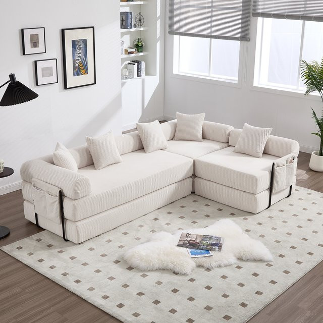LVHOM Modulares L-Shape Familiensofa aus Cord in Beige mit Stauraum und Armlehnen - Bild 1