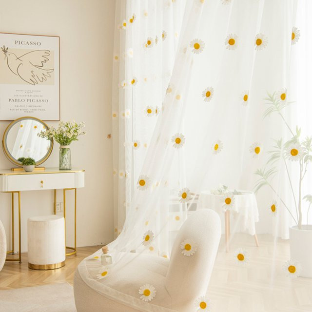 CENTURyMiG Transparente Vorhänge mit floralem Gänseblümchenmuster im nordischen Stil, Farbe: Weiß/Beige, B/H: 100 x 200 cm - Bild 1