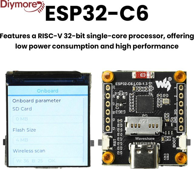 Diymore ESP32-C6 LCD-Display Entwicklungsboard mit 1,3 Zoll ST7789 Display, WiFi und Bluetooth, USB-C Anschluss, Schwarz - Bild 1