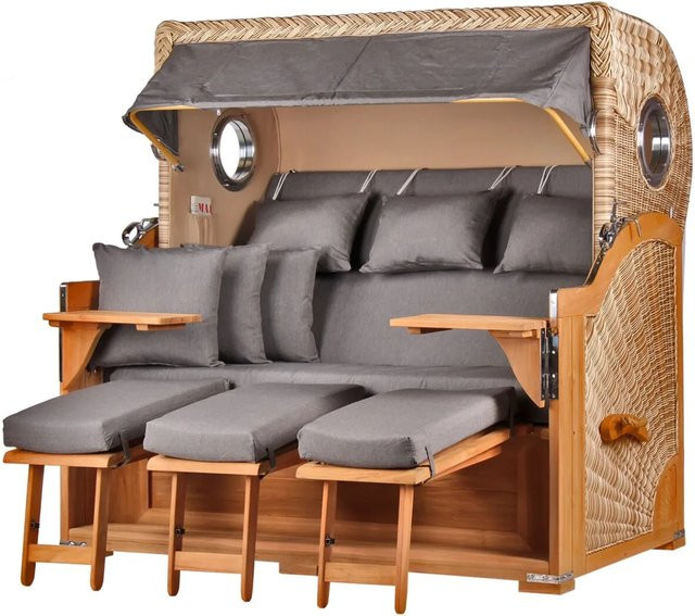 bene,iving Strandkorb Komplettset Königssee 3 Sitzer aus Teakholz mit PE Shell Modell 551, Farbe Braun, inklusive Liftersystem, Schutzhülle, Doppelrollen und Glasbecherhalter - Bild 1