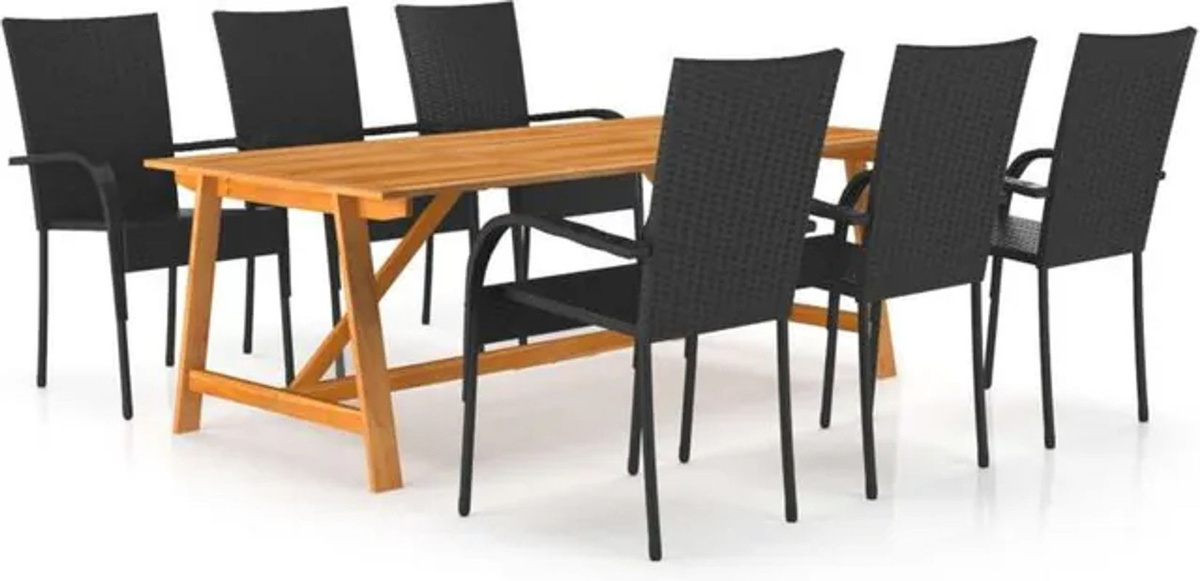 VIDAXL 7-teilige moderne Garten-Essgruppe aus Massivholz und Rattan in Schwarz - Bild 1