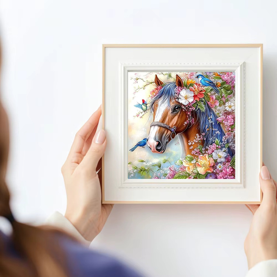 Huacan Diamantgemälde Set mit Pferd und Blumen in Mehrfarbig, Diamantmosaik Illustration für Erwachsene, Breite: 20 cm, Höhe: 20 cm - Bild 3