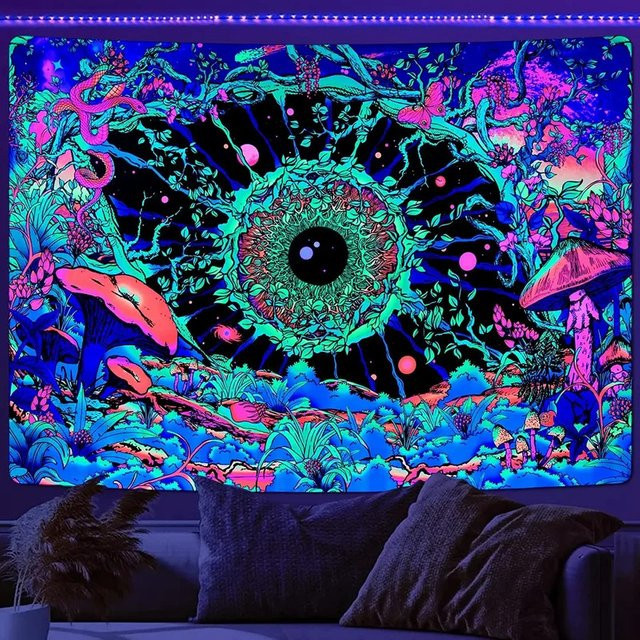 VIKAMA Wandteppich mit Neon-Hamsa-Hand und Bösem-Auge Motiv in Multicolour und Weiß im Boho-Stil - Bild 1