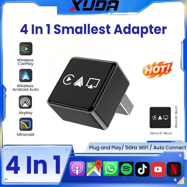 XUDA 4-in-1 Kabelloser CarPlay und Android Auto Adapter mit Airplay und Mirror Link, WiFi und Bluetooth, USB Plug-and-Play Dongle, Schwarz - Bild 1
