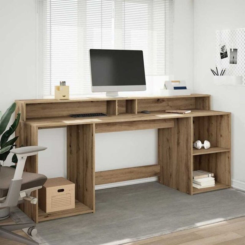 Vidaxl LED-Schreibtisch Artisan-Eiche in Braun aus Holzwerkstoff B/T/H: 200 x 55 x 91 cm - Bild 1