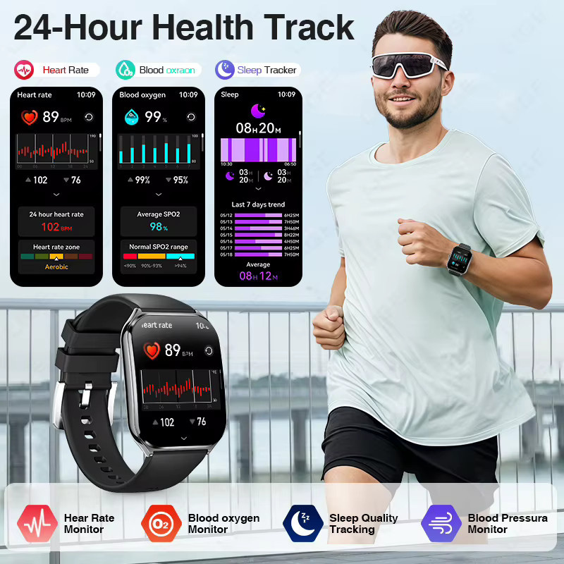 LIGE Smartwatch, 1,96 Zoll, Schwarz, Silikon, Unisex - Bild 4