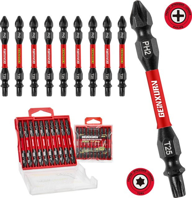 Geinxurn Impact Doppelend-Schraubendreher-Bit-Set aus S2-Stahl mit Aufbewahrungsbox M-Box, magnetisch, Phillips #2 und Torx #25/20, 2,56 Zoll - Bild 1