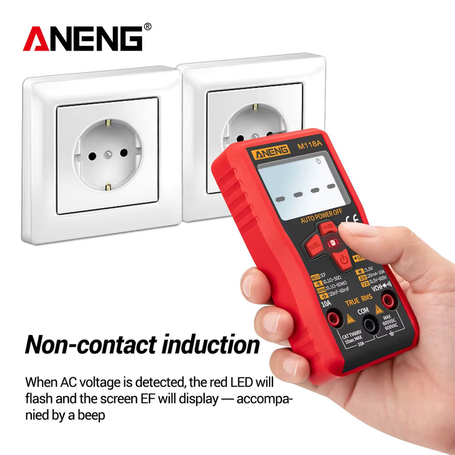 ANENG M118A Digital-Multimeter-Tester mit berührungsloser Induktion für AC/DC-Spannung, Strom und Kapazität, True RMS, Farbe: Rot - Bild 2