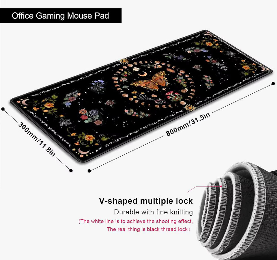 Gothic Moth & Moon Phases Mauspad Schwarz/Orange mit Blumen-Design für Gaming und Büro - Bild 2